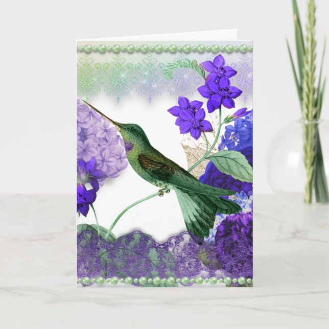 Green Hummingbird mit Blume, Spitzen, Perlkarte Karte (Vorderseite)