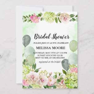 Green Hydrangea Pink Floral Balloons Brautparty Einladung