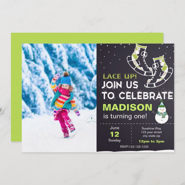Green Ice Skate Geburtstag Einladung mit Foto (Vorne/Hinten)