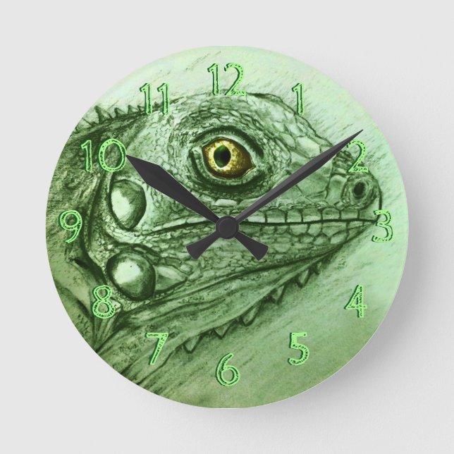 Green Iguana Round Clock, realistisch Zeichnend Runde Wanduhr (Vorderseite)