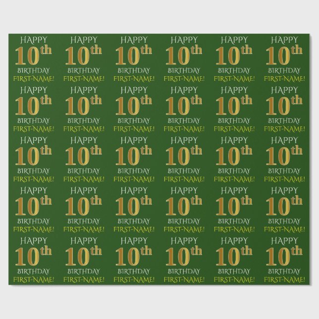 Green, Imitate Gold "HAPPY 10. GEBURTSTAG" Geschenkpapier (Flach)