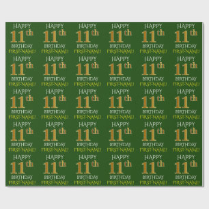 Green, Imitate Gold "HAPPY 11. GEBURTSTAG" Geschenkpapier