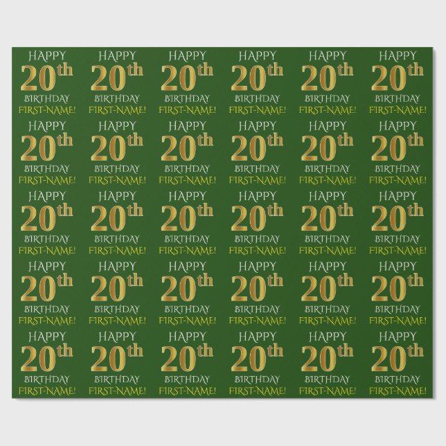 Green, Imitate Gold "HAPPY 20. GEBURTSTAG" Geschenkpapier (Flach)