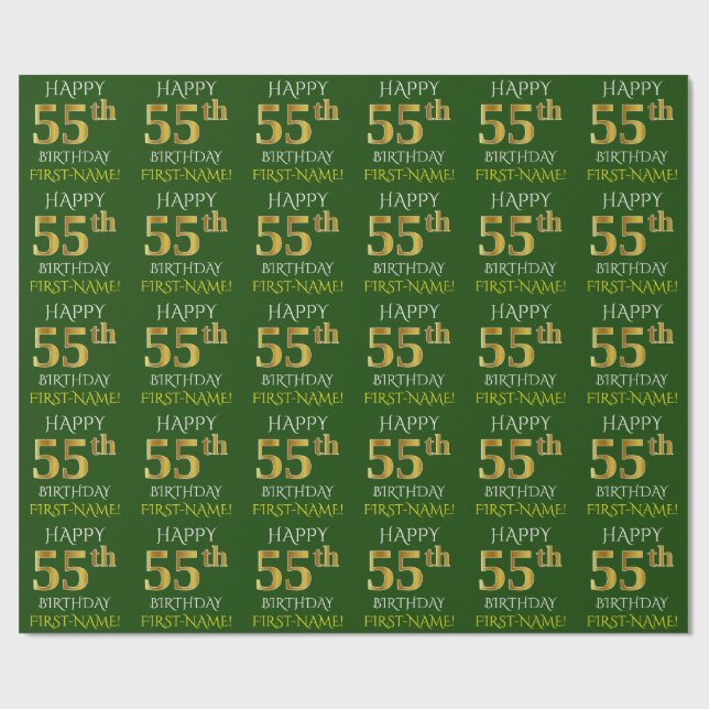 Green, Imitate Gold "HAPPY 55. GEBURTSTAG" Geschenkpapier (Flach)