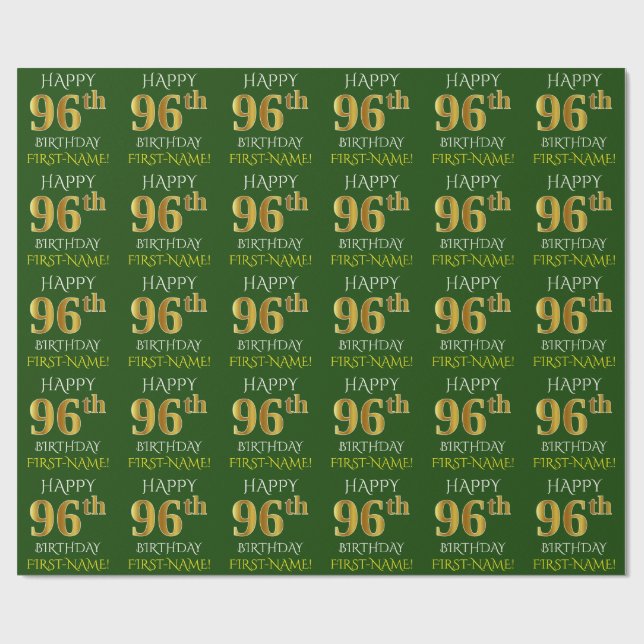 Green, Imitate Gold "HAPPY 96. GEBURTSTAG" Geschenkpapier (Flach)
