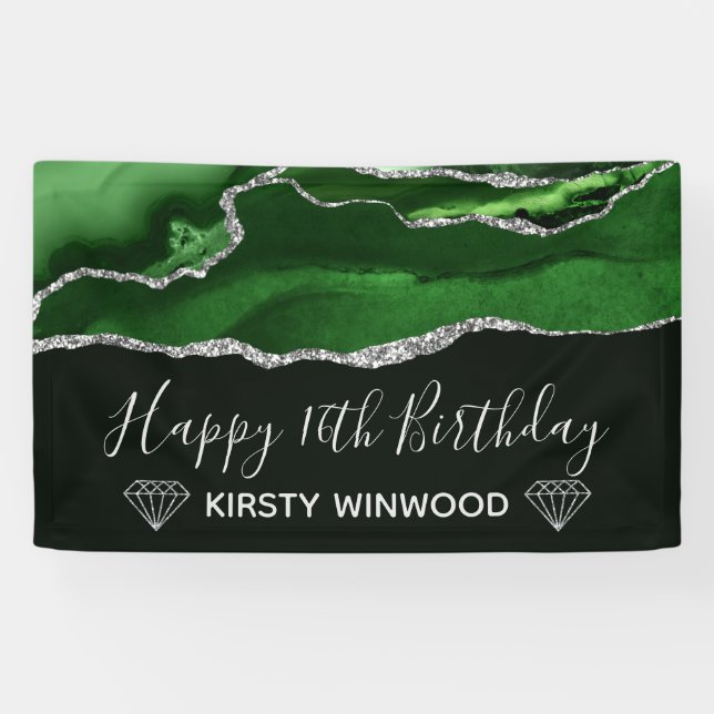 Green & Imitate Silver Glitzer Agate Sweet 16 Banner (Horizontal)