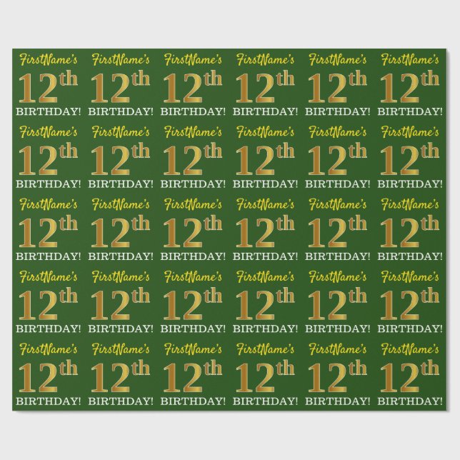 Green, Imitation Gold Look "12. GEBURTSTAG" Geschenkpapier (Flach)