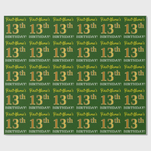 Green, Imitation Gold Look "13. GEBURTSTAG" Geschenkpapier