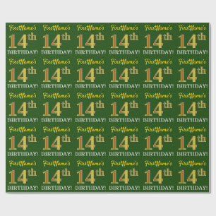 Green, Imitation Gold Look "14. GEBURTSTAG" Geschenkpapier