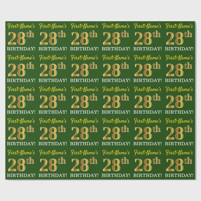 Green, Imitation Gold Look "28. GEBURTSTAG" Geschenkpapier (Flach)