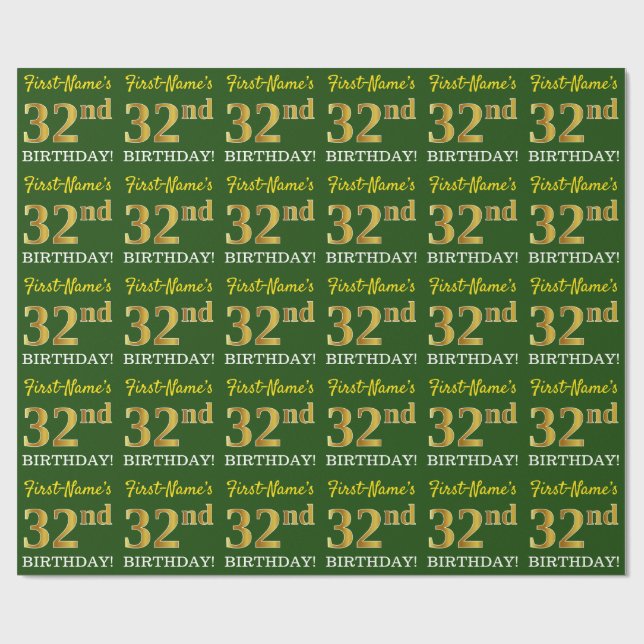 Green, Imitation Gold Look "32. GEBURTSTAG" Geschenkpapier (Flach)
