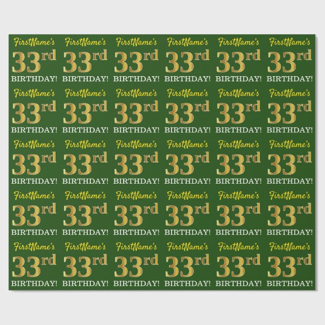 Green, Imitation Gold Look "33. BIRTHDAY" Geschenkpapier (Flach)
