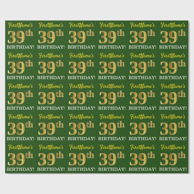 Green, Imitation Gold Look "39. GEBURTSTAG" Geschenkpapier (Flach)