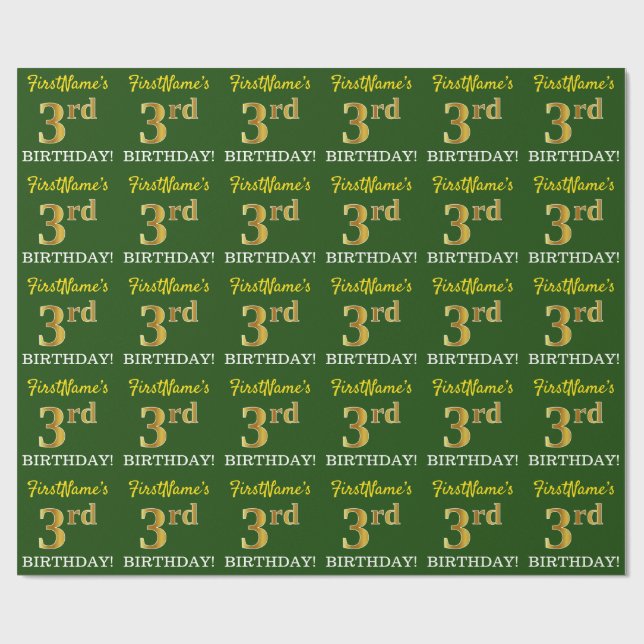 Green, Imitation Gold Look "3. BIRTHDAY" Geschenkpapier (Flach)