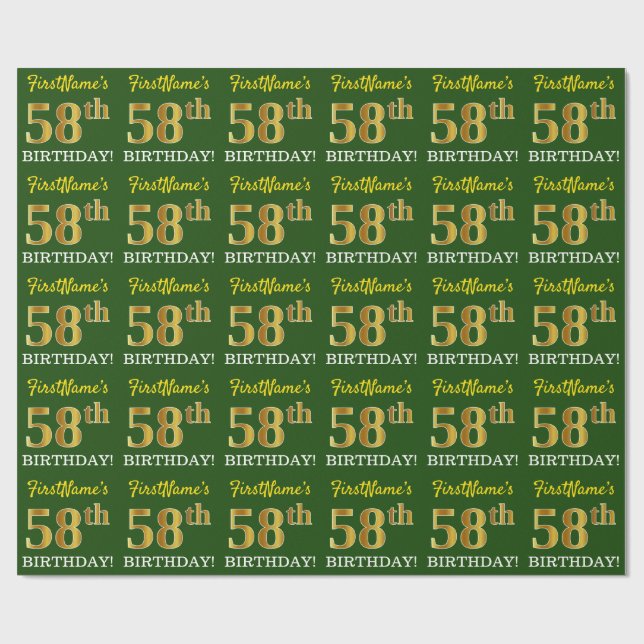 Green, Imitation Gold Look "58. GEBURTSTAG" Geschenkpapier (Flach)