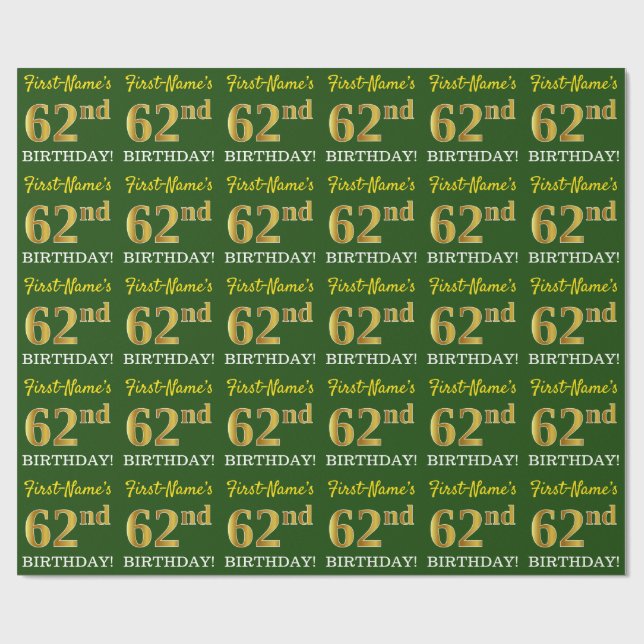 Green, Imitation Gold Look "62. GEBURTSTAG" Geschenkpapier (Flach)