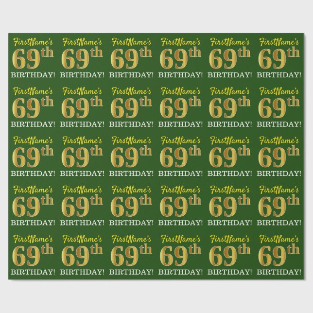 Green, Imitation Gold Look "69. GEBURTSTAG" Geschenkpapier (Flach)