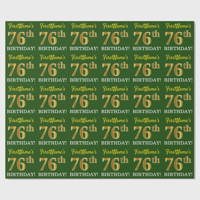 Green, Imitation Gold Look "76. GEBURTSTAG" Geschenkpapier (Flach)