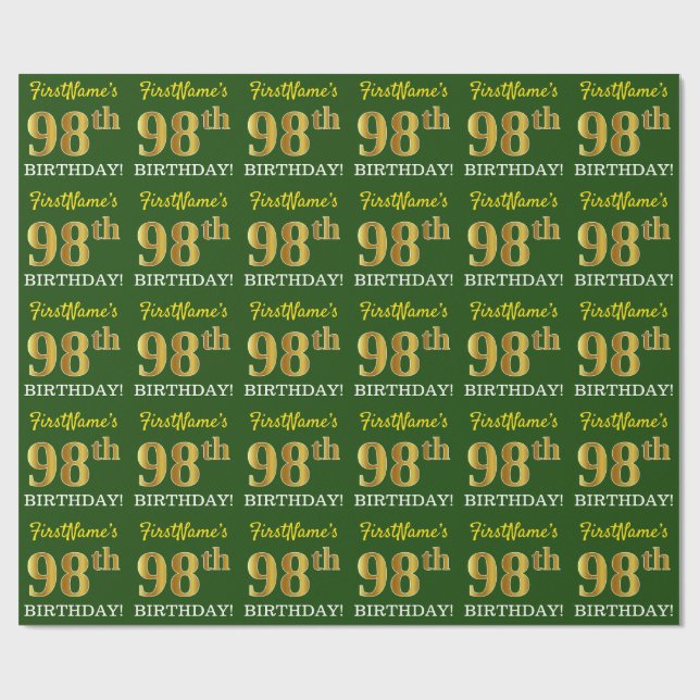 Green, Imitation Gold Look "98. GEBURTSTAG" Geschenkpapier (Flach)