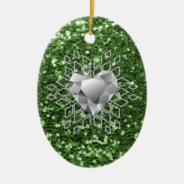 Green Imitats Glitzern Diamond Heart Snowflake Keramik Ornament (Vorne)