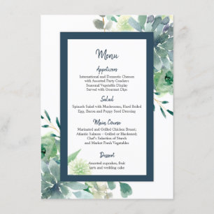Green & Indigo Blue Succulents White Blume Menü Menükarte