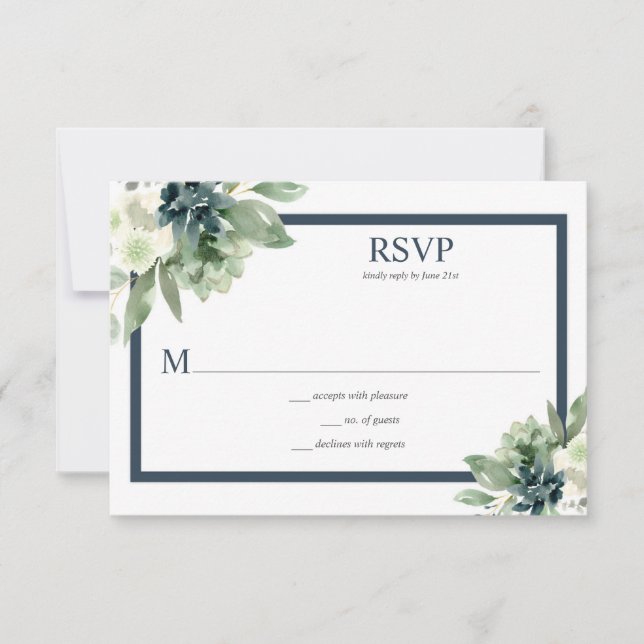 Green & Indigo Blue Watercolor Succulents RSVP Karte (Vorderseite)