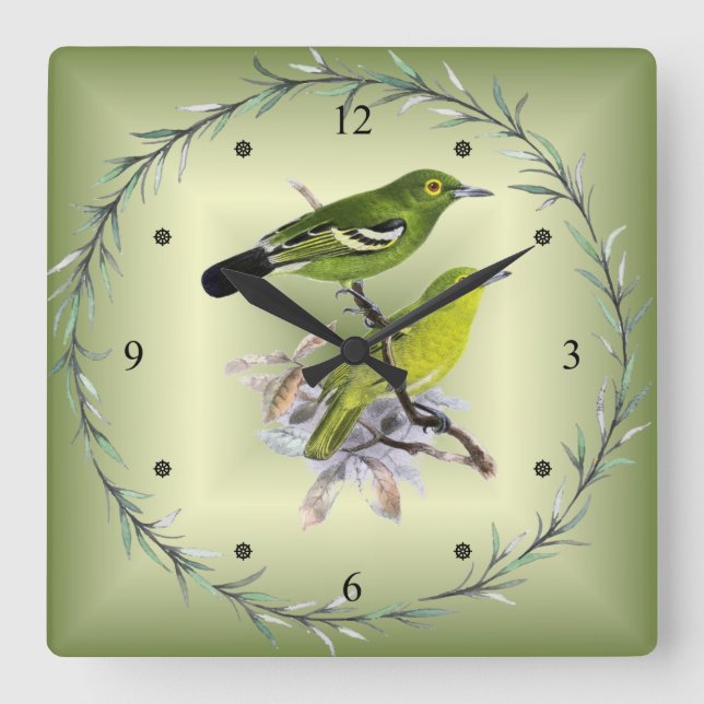 Green Iora ~ J. Keulemans Dutch Bird Illustrator ~ Quadratische Wanduhr (Vorderseite)
