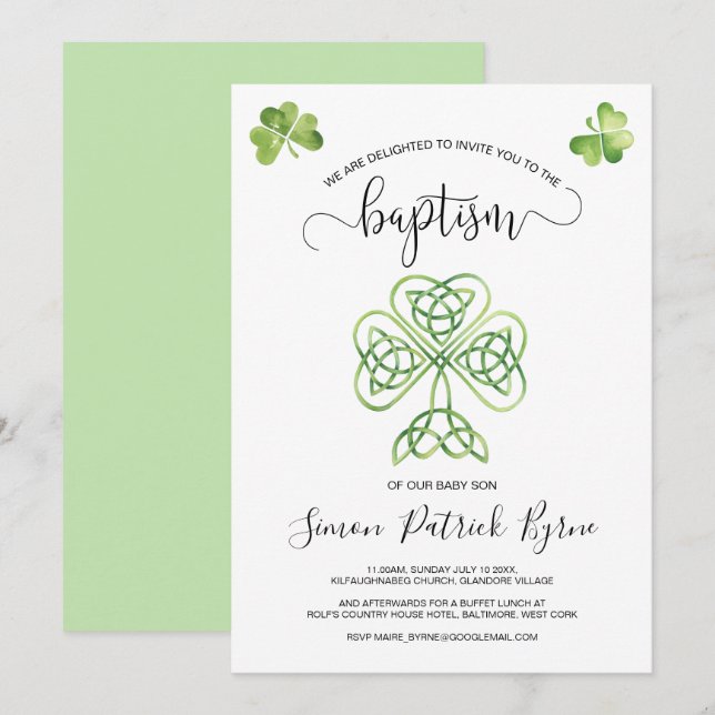 Green Irish Kleeblatt & Celtic Knot Baptisse Einladung (Vorne/Hinten)