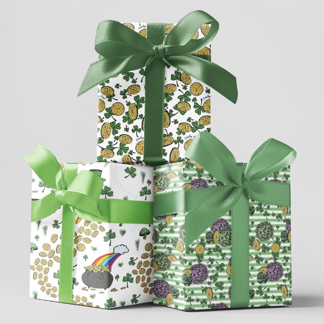 Green Irish Kleeblatts, Gold & Blume Geschenkpapier Set (A festive and happy set of 3 uniqueSt Patricks Day wrapping paper sheets. Illustrated in black ink. )