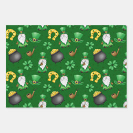 GREEN IRISH KLEEBLATTS GOLD HORSESHOES GNOMES GESCHENKPAPIER SET