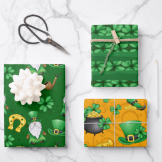 GREEN IRISH KLEEBLATTS GOLD HORSESHOES GNOMES GESCHENKPAPIER SET