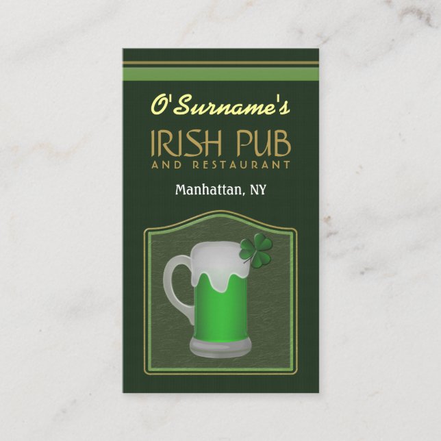 Green Irish Pub Manager Bar Tenders Business Cards Visitenkarte (Vorderseite)