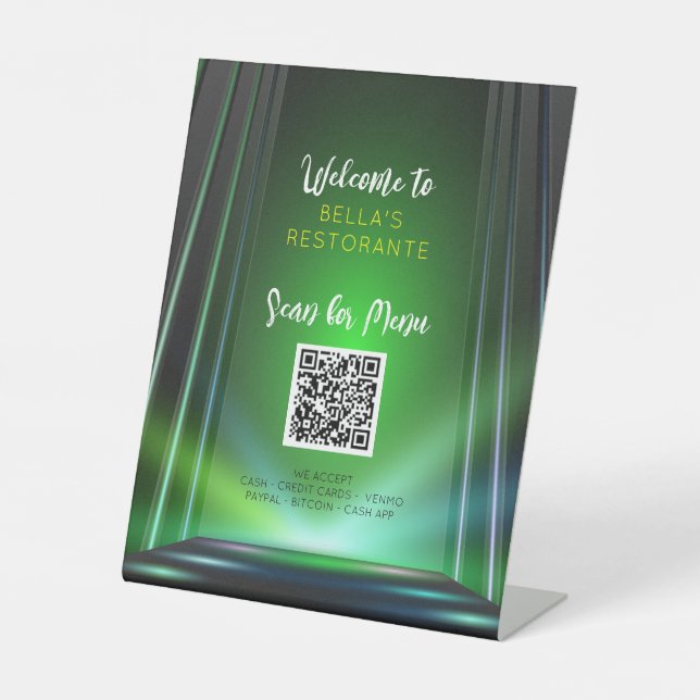 Green Irish Pub Menu Restaurant QR Code Table Sign Sockelschild (Vorderseite)