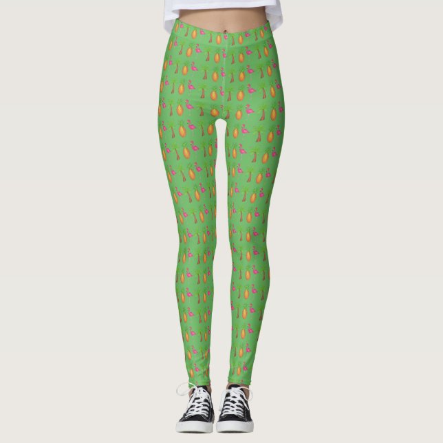 Green Island Palm Tree Ananas Flamingo Leggings (Vorderseite)