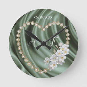 Green,Ivory,Blue,gold Silk & Pearls Runde Wanduhr
