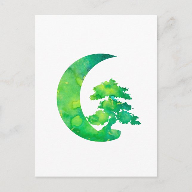 Green Jade Crescent Moon und Bonsai Tree Postkarte (Vorderseite)