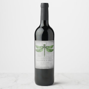 Green Jeweled Dragonfly Wedding Weinetikett