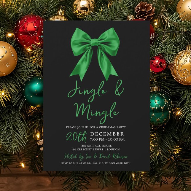 Green Jingle & Mingle Christmas Party Bow Black  Einladung (Green Jingle & Mingle Christmas Party Bow Black Invitation)