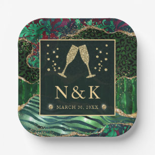 Green Jungle Animal Print Glitzer Agate Wedding Pappteller