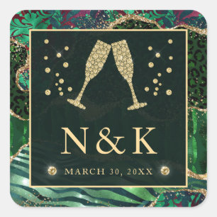 Green Jungle Animal Print Glitzer Agate Wedding Quadratischer Aufkleber