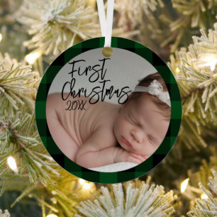 Green Kariert Baby's First Christmas Ornament Aus Metall