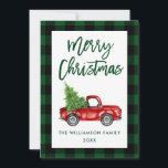 Green Kariert Christmas Brush Script Vintag Truck Feiertagskarte<br><div class="desc">Grün Kariert - Pinselschrift Wasserfarbe Vintager roter Lkw mit Weihnachtsbaum - Frohe Weihnachtskarte</div>