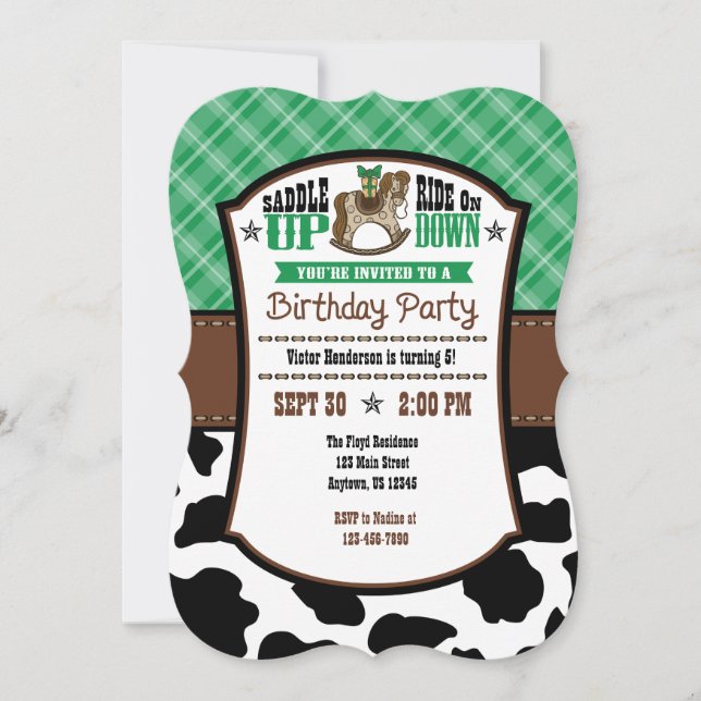 Green Kariert Cowhide Cowboy Birthday Einladung (Vorderseite)