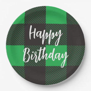 Green Kariert Happy Birthday Pappteller