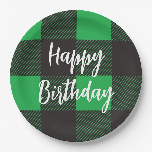Green Kariert Happy Birthday Pappteller (Vorderseite)