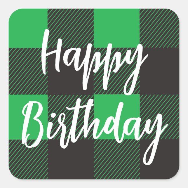 Green Kariert Happy Birthday Quadratischer Aufkleber (Vorderseite)