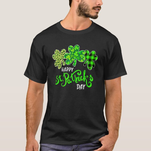 Green Kariert Leopard Kleeblatt St Patrick's Day T-Shirt (Vorderseite)