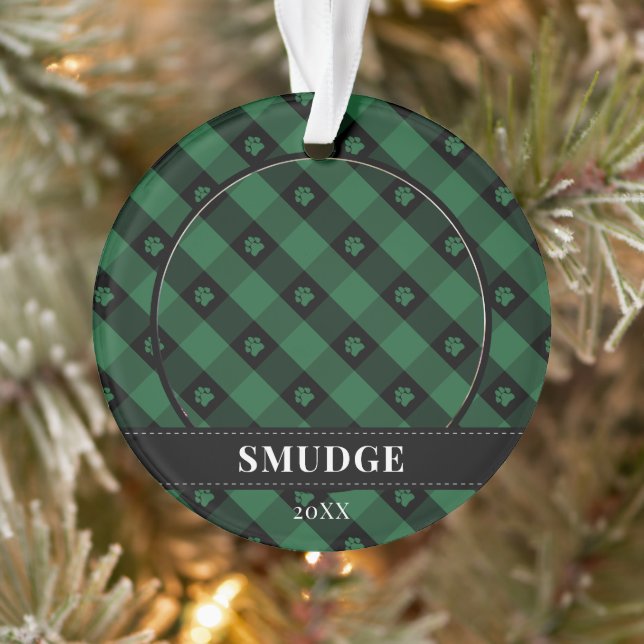 Green Kariert Paw Prints Pet Foto Ornament (Baum)