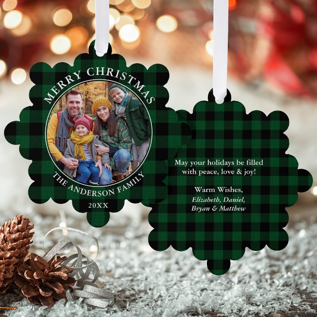 Green Kariert Rustic Frohe Weihnachten Foto Ornament Karte (A greeting card that is also an ornament! Customize with your photo and personalized text.)