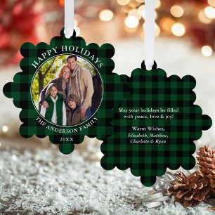 Green Kariert Rustic Happy Holidays Foto Ornament Karte